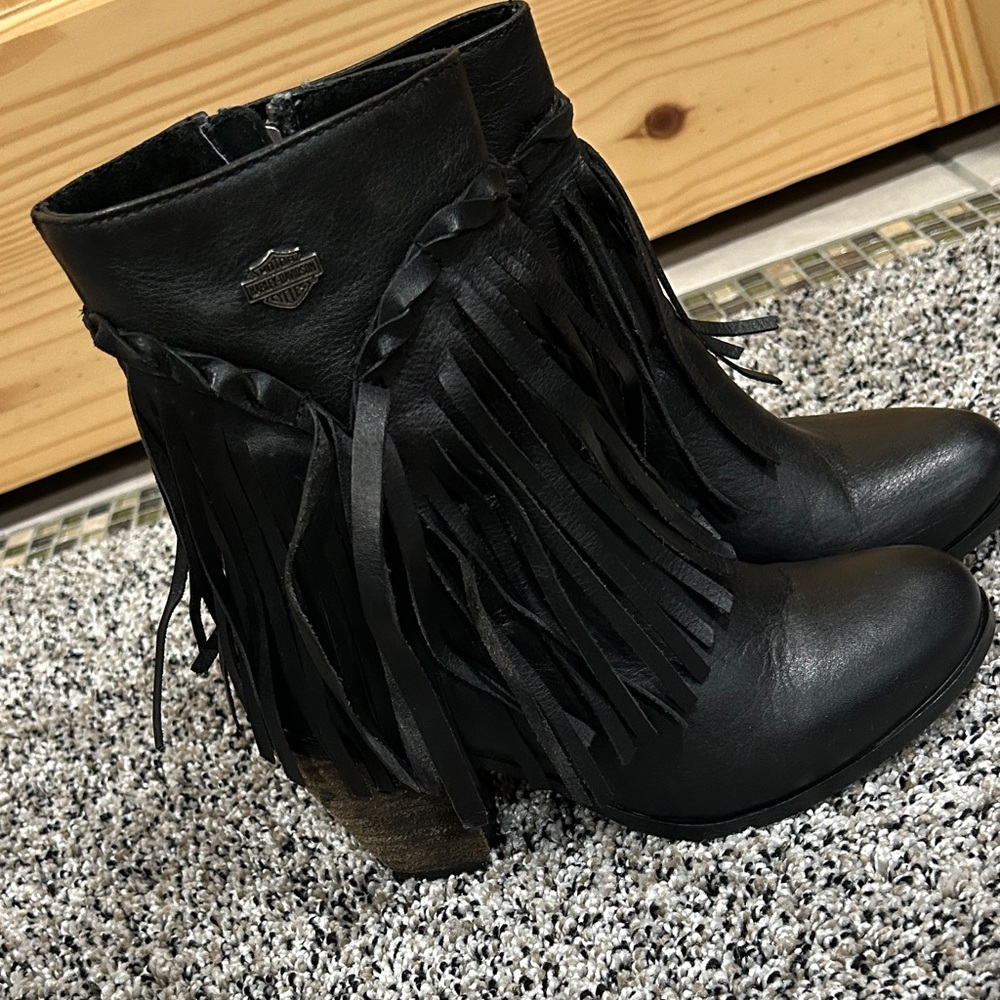 Harley-Davidson Black Leather Fringe Ankle Boots